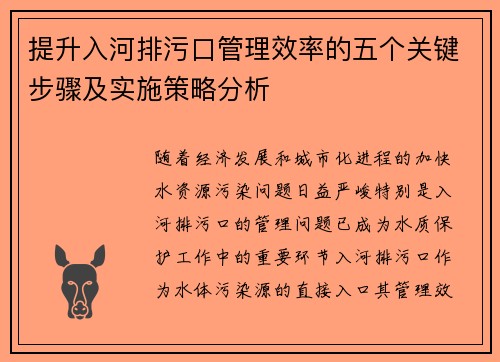 提升入河排污口管理效率的五个关键步骤及实施策略分析